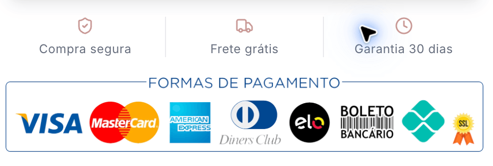 Formas de pagamento: Visa, Mastercard, American Express, Diners Club, Elo, boleto bancário e Pix. Selo SSL.